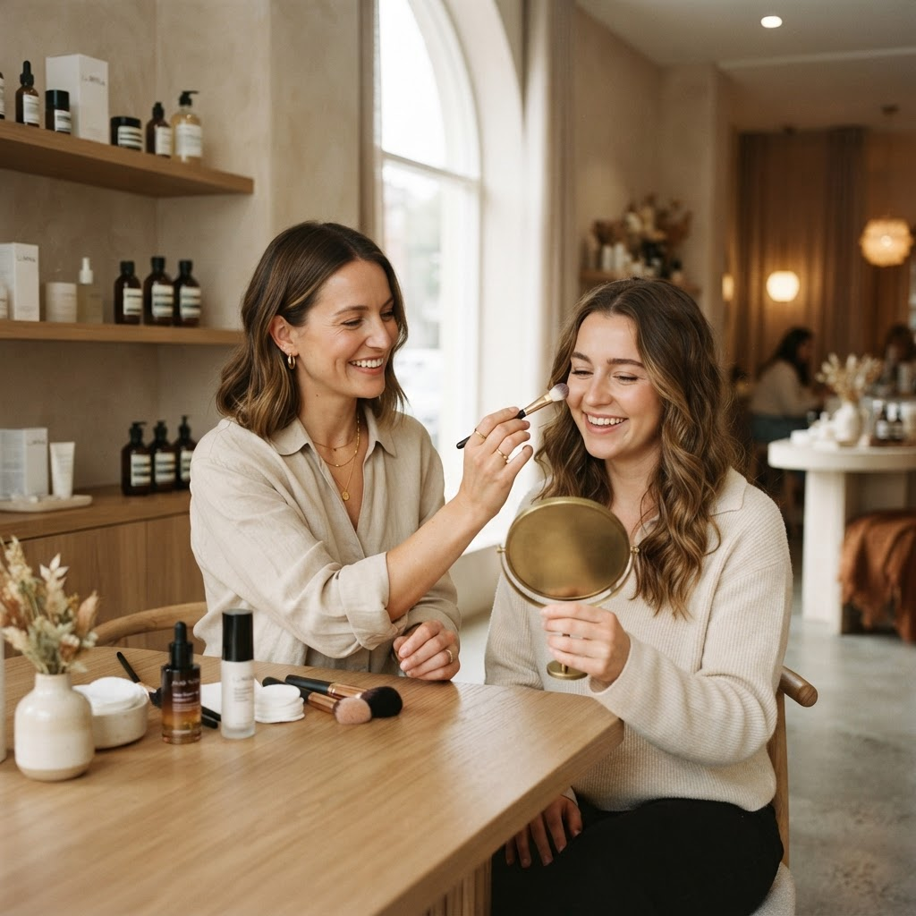 Consultora de beleza da ADLUX oferecendo atendimento personalizado a uma cliente